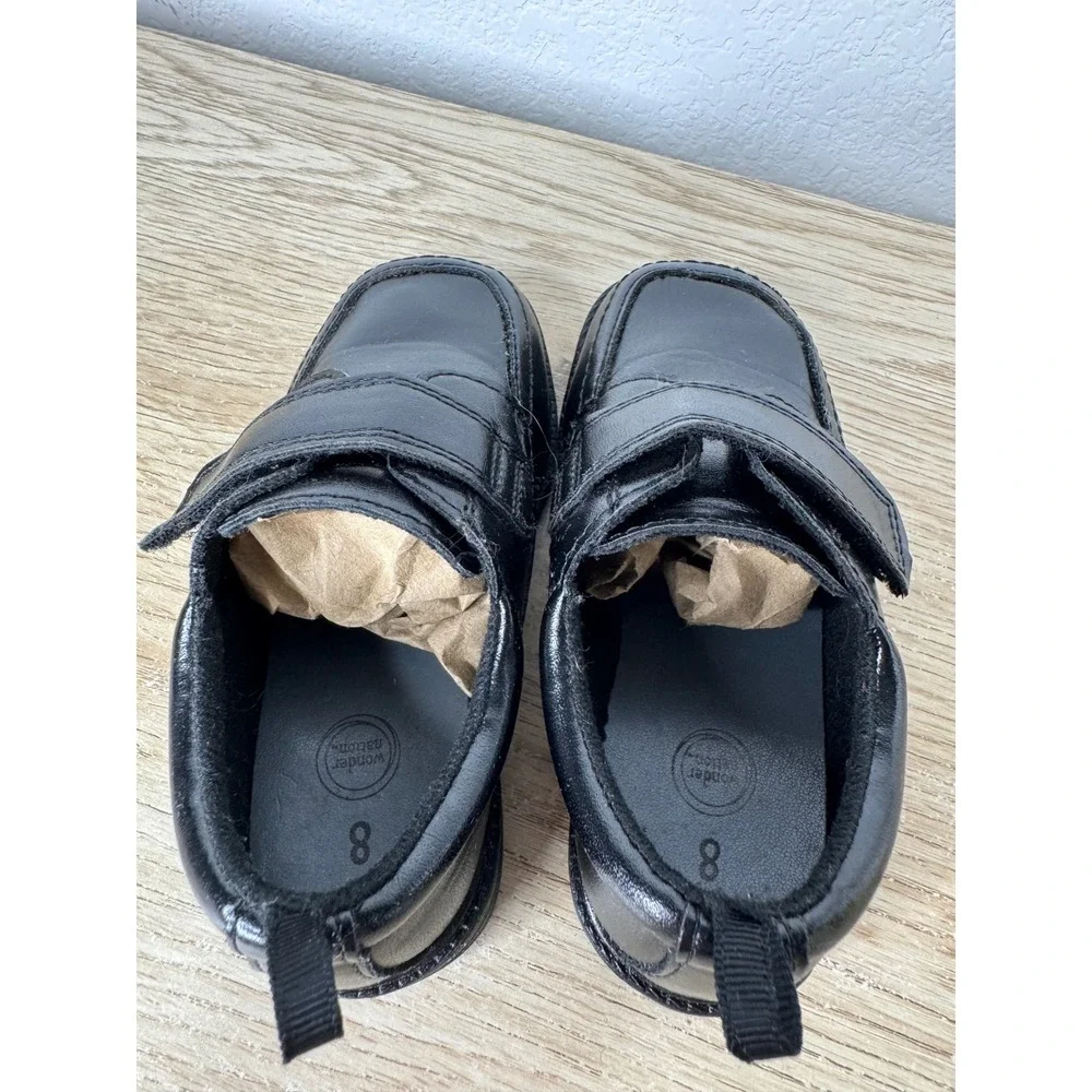 Wonder Nation Boys Black Dress Shoes Hook Loop Strap Square Toe Loafers Size 8